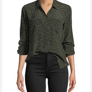 Rails Silk Olive Green and Black Leopard Print Button Down Blouse - Size M